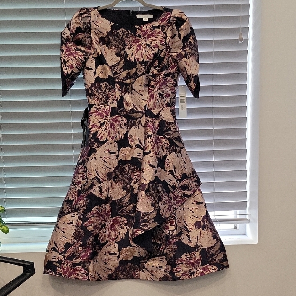 Kay Unger Pink Flutter Sleeve Fit and Flare Dress